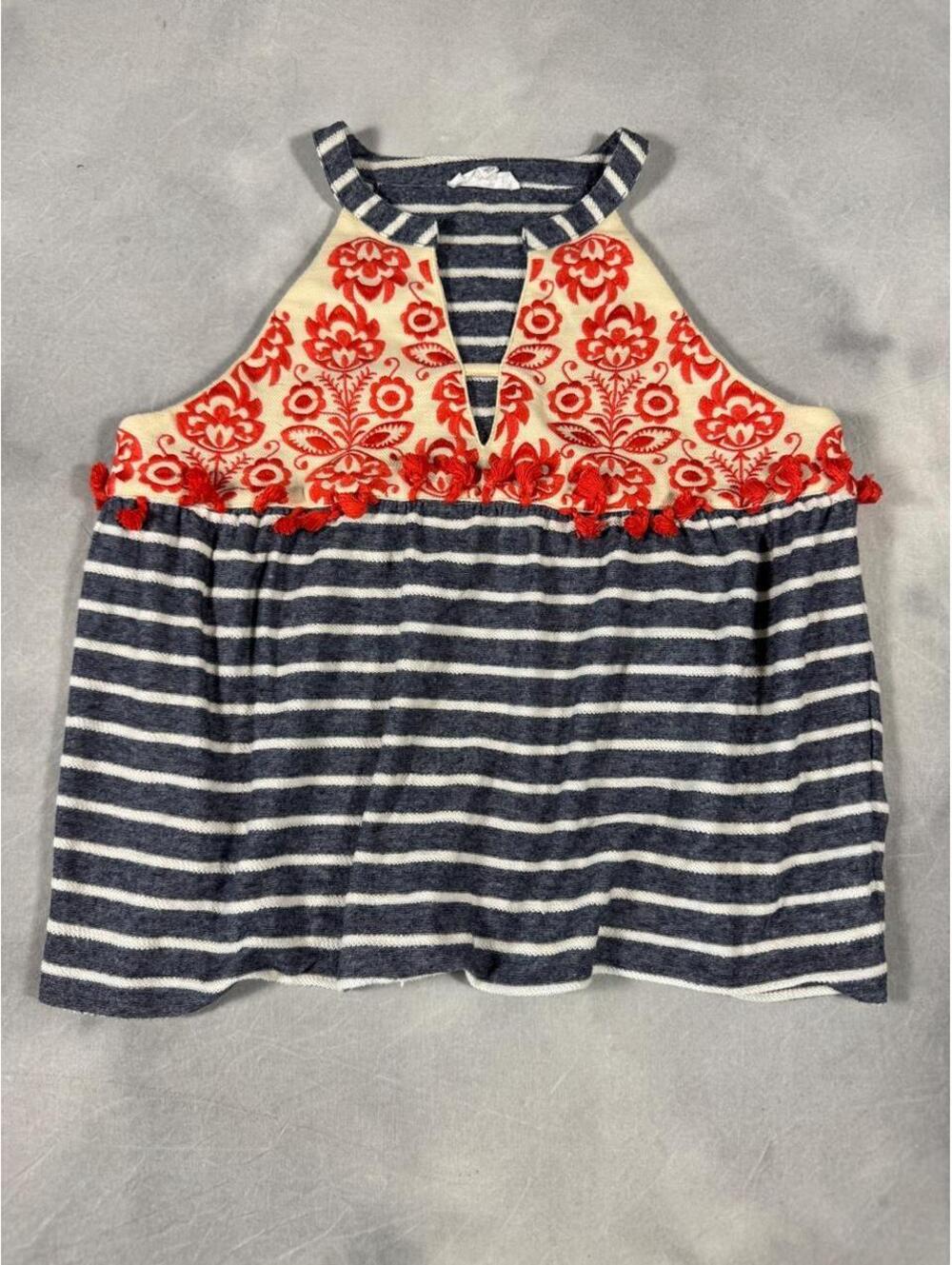 THML Embroidered Floral Halter Top Women’s Medium Navy Stripe Tassel Boho